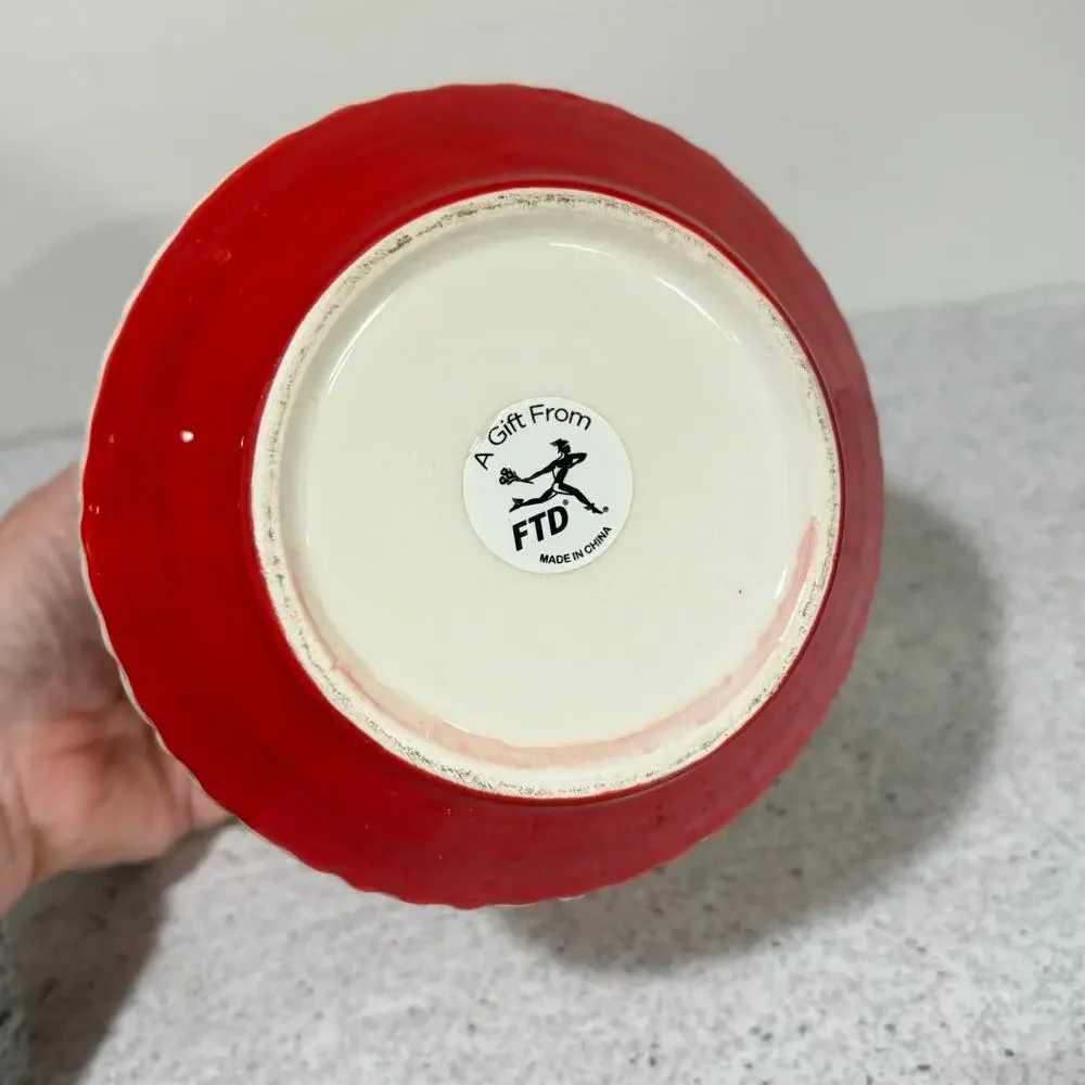 FTD ceramic vase flower pot planter red & white basket weave retro 1970s style